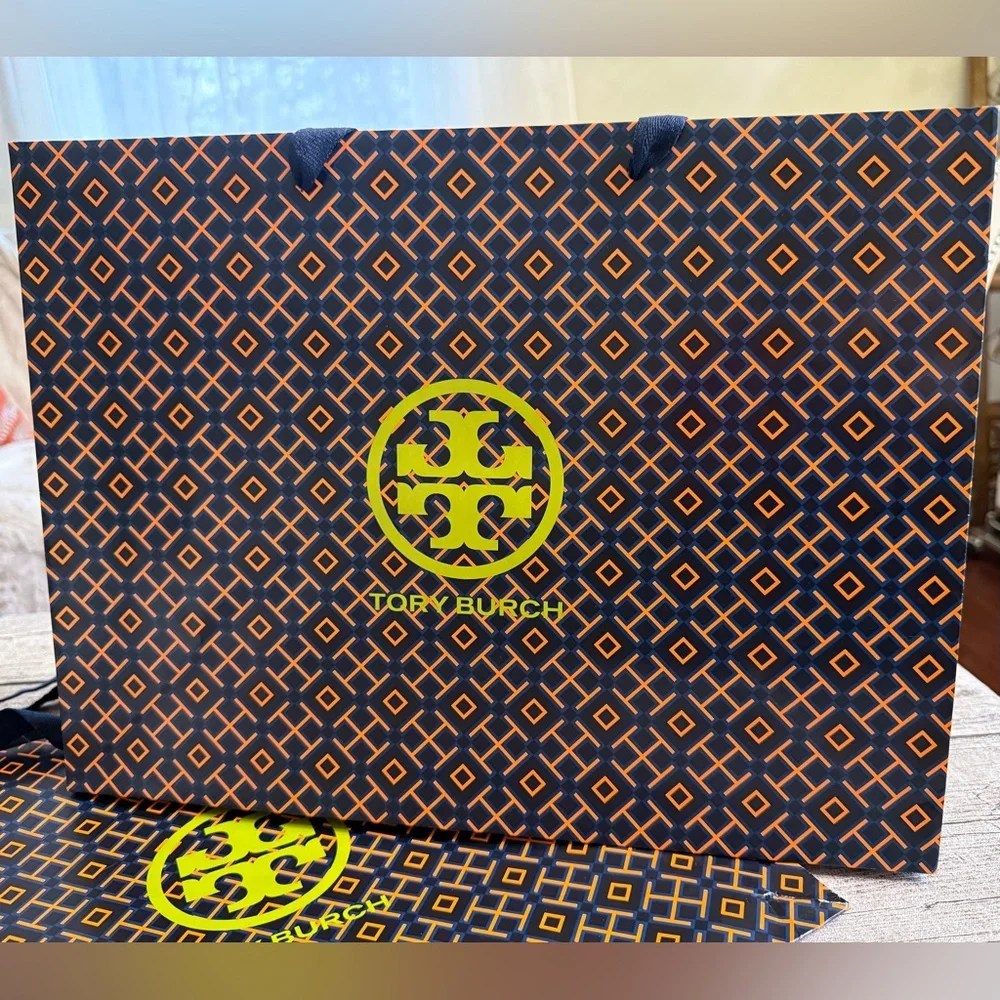 Tory Burch LARGE gift bag. 12 x 16 in. Iconic double T logo in navy and orange.